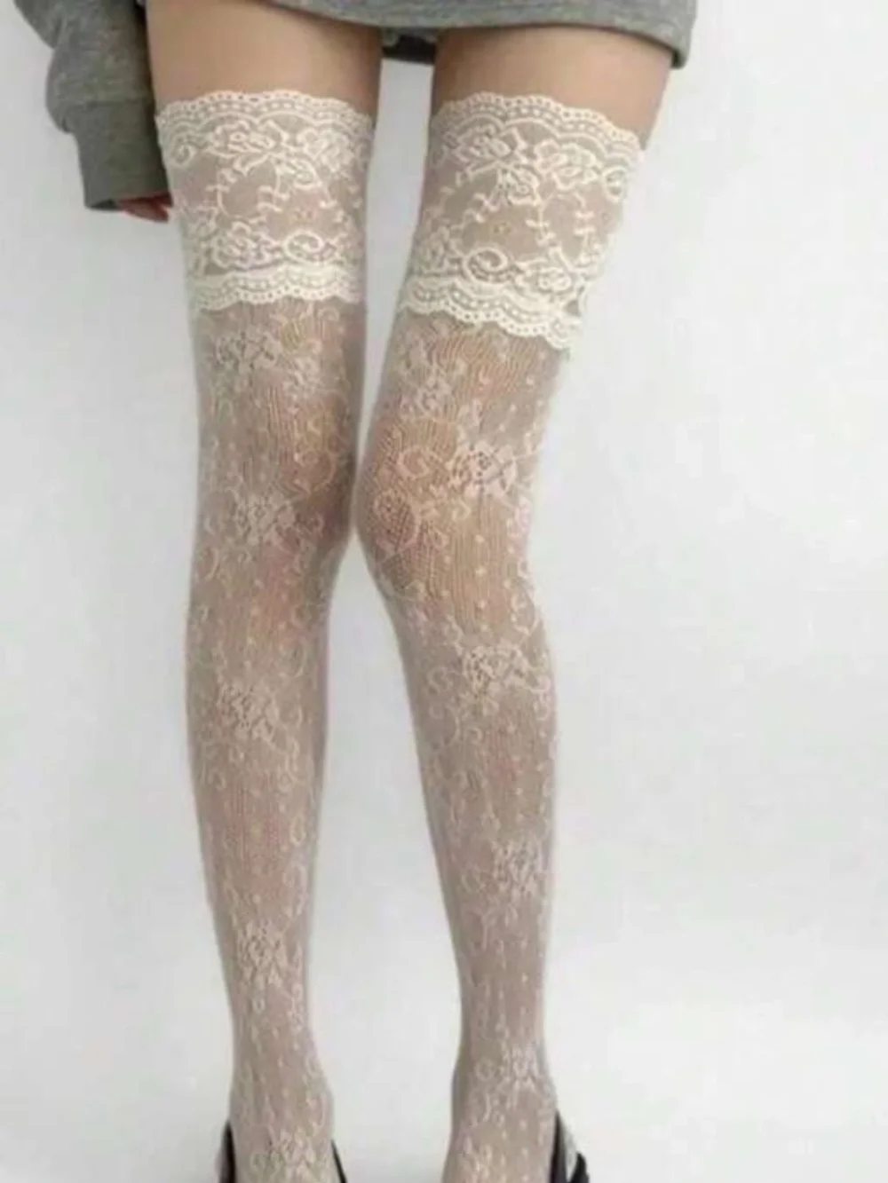 Lace Thigh High Stockings - White